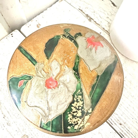 Vtg Heavy Brass Round Trinket Box Bowl Dish Enamel Lid With Flowers India 4.75” - Picture 2 of 9